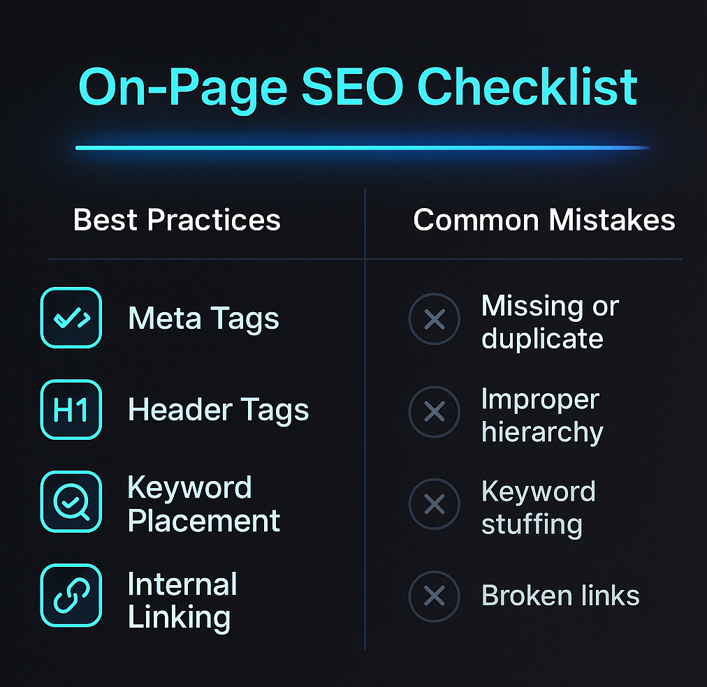 On-page SEO checklist showing best practices like meta tags and keyword use, and common mistakes like keyword stuffing or broken links.